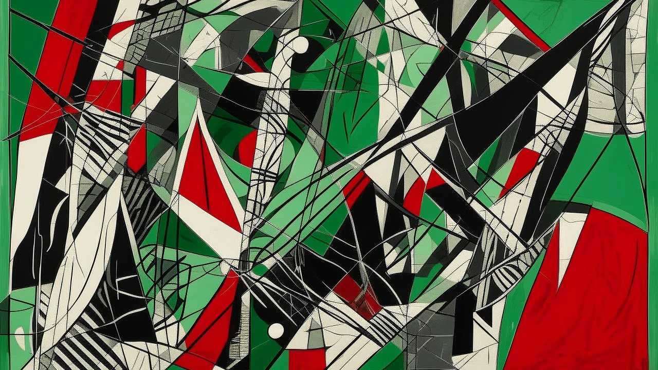 An abstract, geometric composition features bold black shapes outlined in white against a textured, mottled green background. Thin, dark red lines intersect the scene diagonally from the upper right to the lower left, adding a dynamic element. The shapes are angular and curved, suggesting a sense of movement and depth.