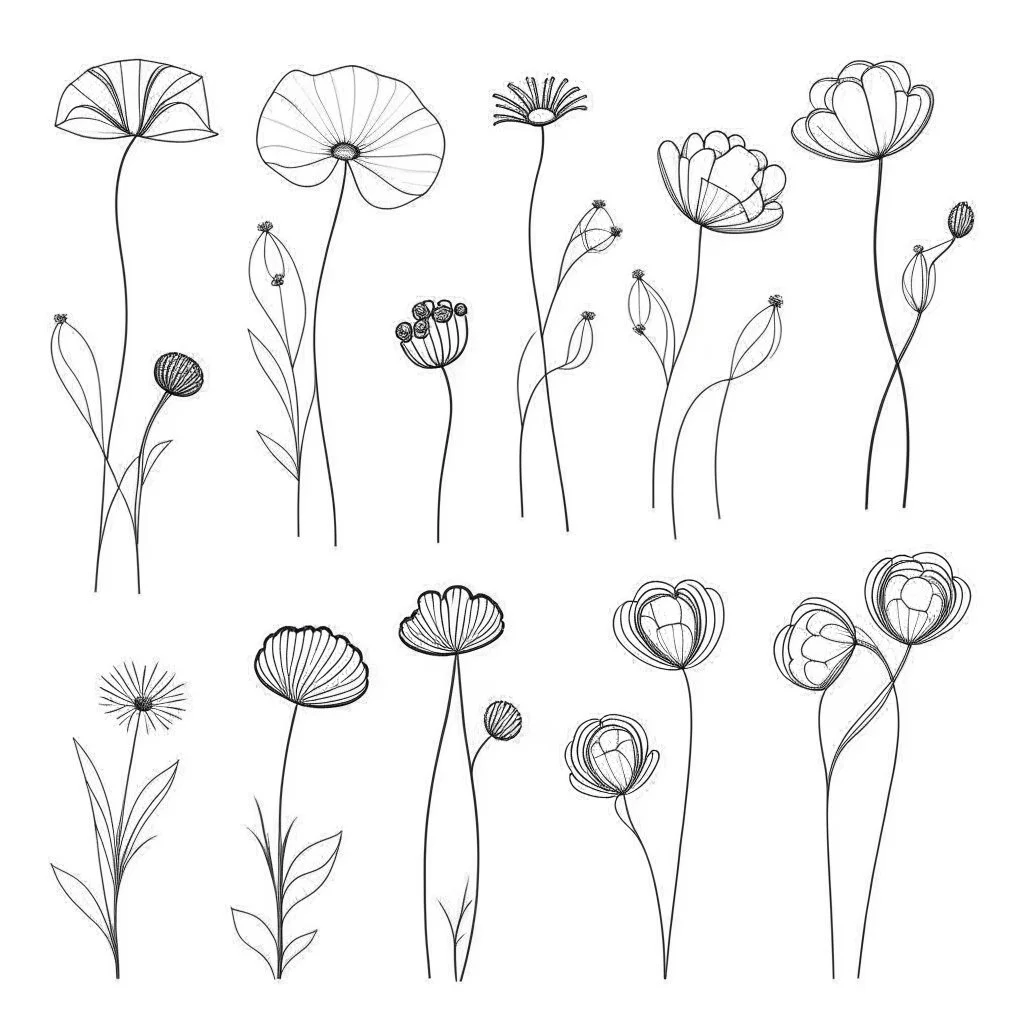 set of grow wind flowers on the grace, SIMPLE ONE lineS art, white background, minimalis, different view, only white bakcground solid.