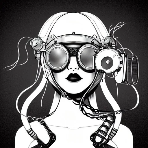 winnner illustrator, sketch of a cute girl, beautiful, steampunk syle, black and white. Helmet with tubes, square glasses and wires. highlt detailed. very complex.