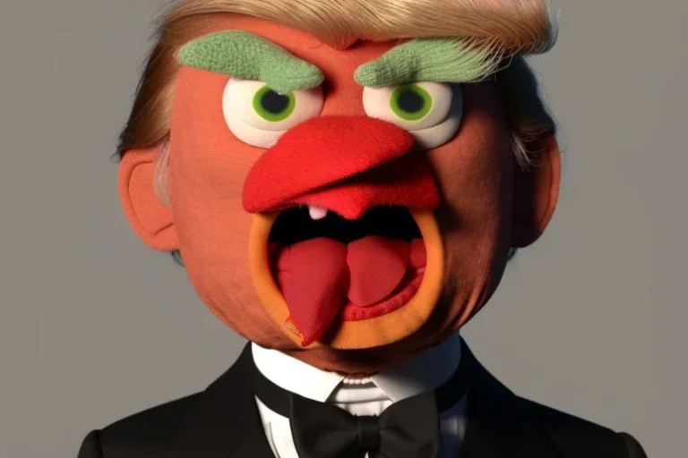 Angry muppet trump in a suit with a spray tan, tongue