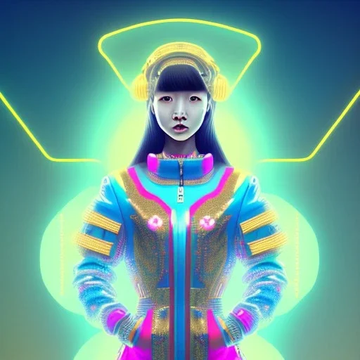 asian woman teenager, few freckles, gold teeth, padded coat, gummy style, retro futuristic, latex dress, gradient color, BLUE, PINK, CYAN, neon, insanely detailed, 16k resolution, perfect eyes, cinematic smooth, intricate detail