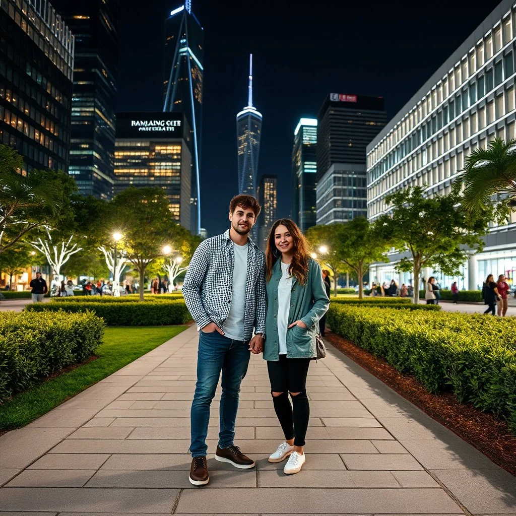 future modern city center park a pertty couple with modern clothing standing and posing to camera