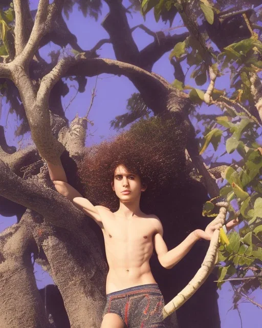 beautiful 12 year old arabic boy with long, curly hair and light blue eyes,shirtless, in front of a mango tree