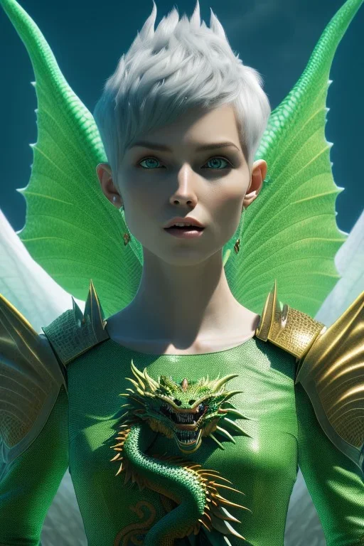 Perfect amazing women with short green hair and dragon wings wearing only dragon scales,mythical,fantasy , magnificent, majestic, highly intricate, Realistic photography, incredibly detailed, ultra high resolution, 8k, complex 3d render, cinema 4d.