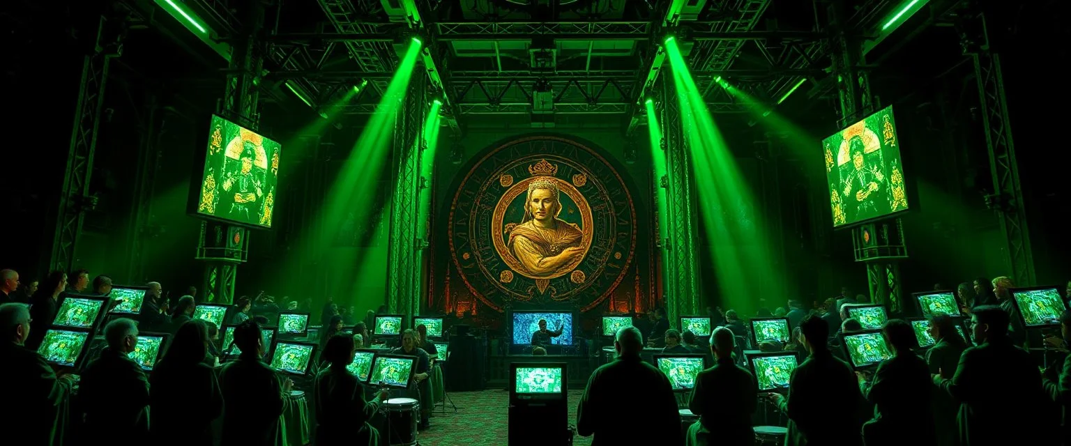 master oil painting by Rembrandt, giant industrial halls green tube lighting choir vocals ancient-celtic-meets-cyberpunk imagery synchronized mechanical drumming flickering CRT screens saying SYSTEMA STABILE