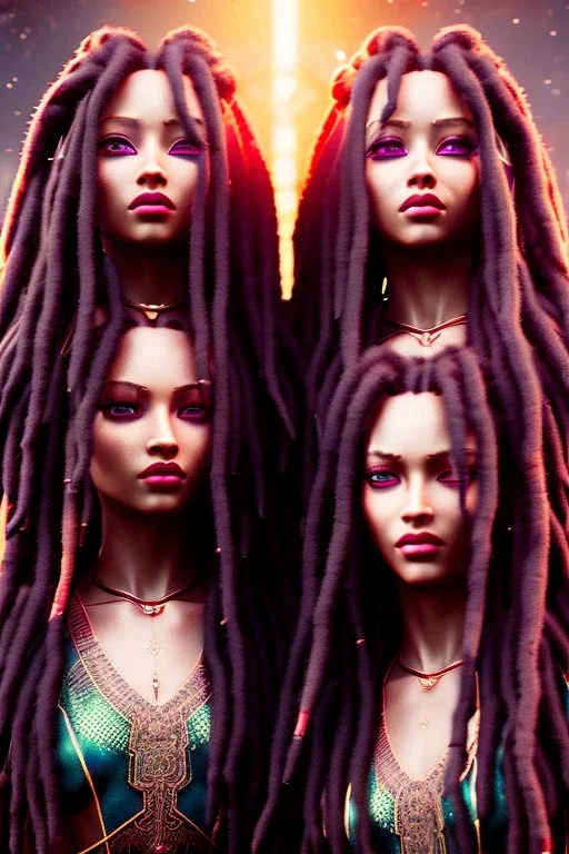 Matrix twins, dreadlocks, resolution, intricate details, ornate details, soft lighting, vibrant colors, retroanime, masterpiece, intricate eyeliner, dark eyeshadow, eyes, intricate tattoos, natural background, fae, sidhe