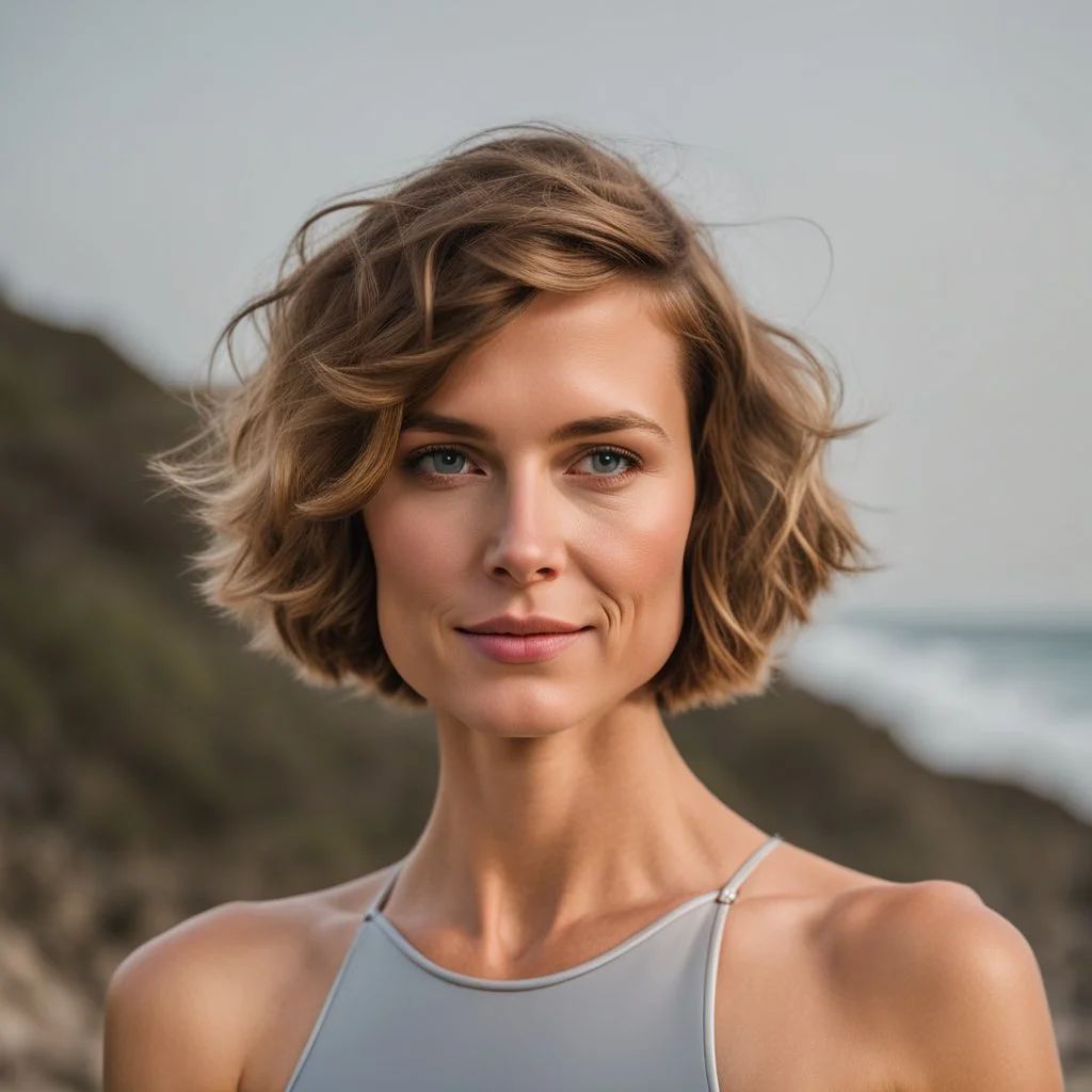 beautiful woman, standing frontal, short silver triathlon swimsuit, wavy bob haircut, photographed in front of beach, raw