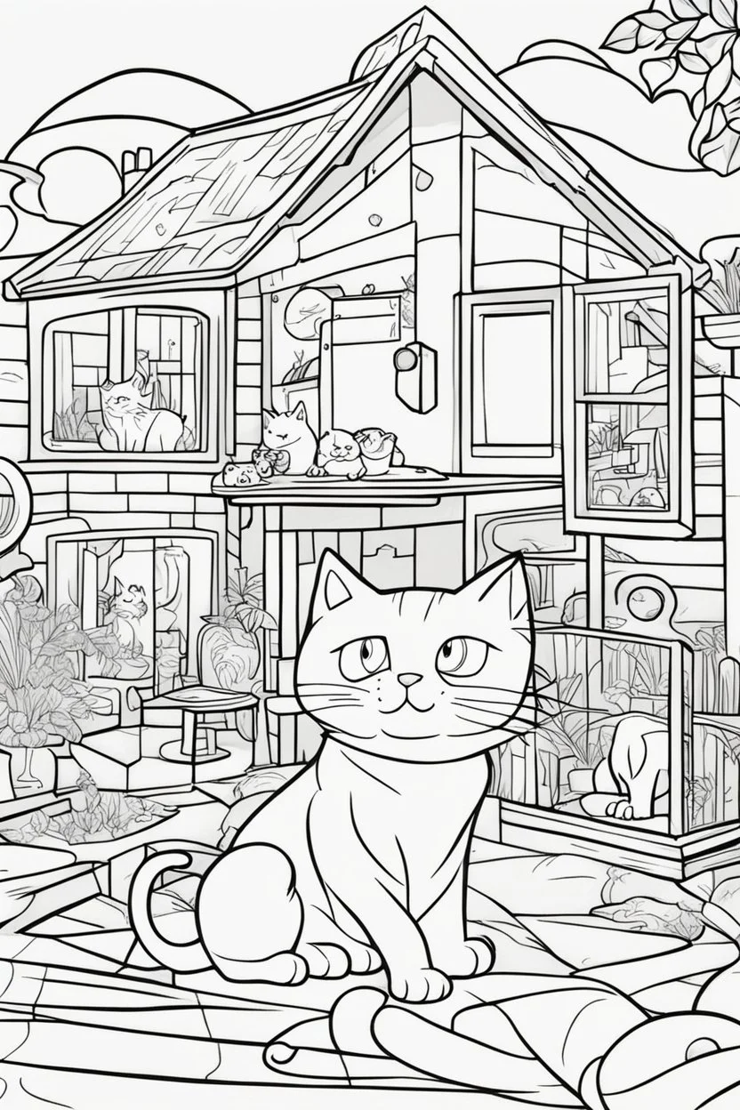 coloring page for kids, Cats in the house, cartoon style, thick lines, low detail, no shading