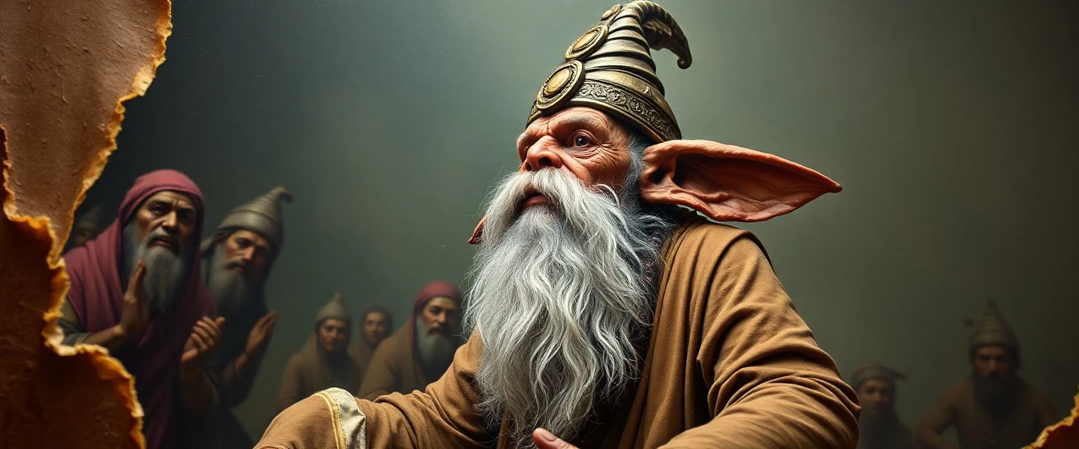 pin hole cam, master oil painting by Rembrandt,ohm ri shi lahkshmi super guru with lots followers looking like a salmon dog orc troll gremlin yoga guru, brown paper with rolled up burnt edges