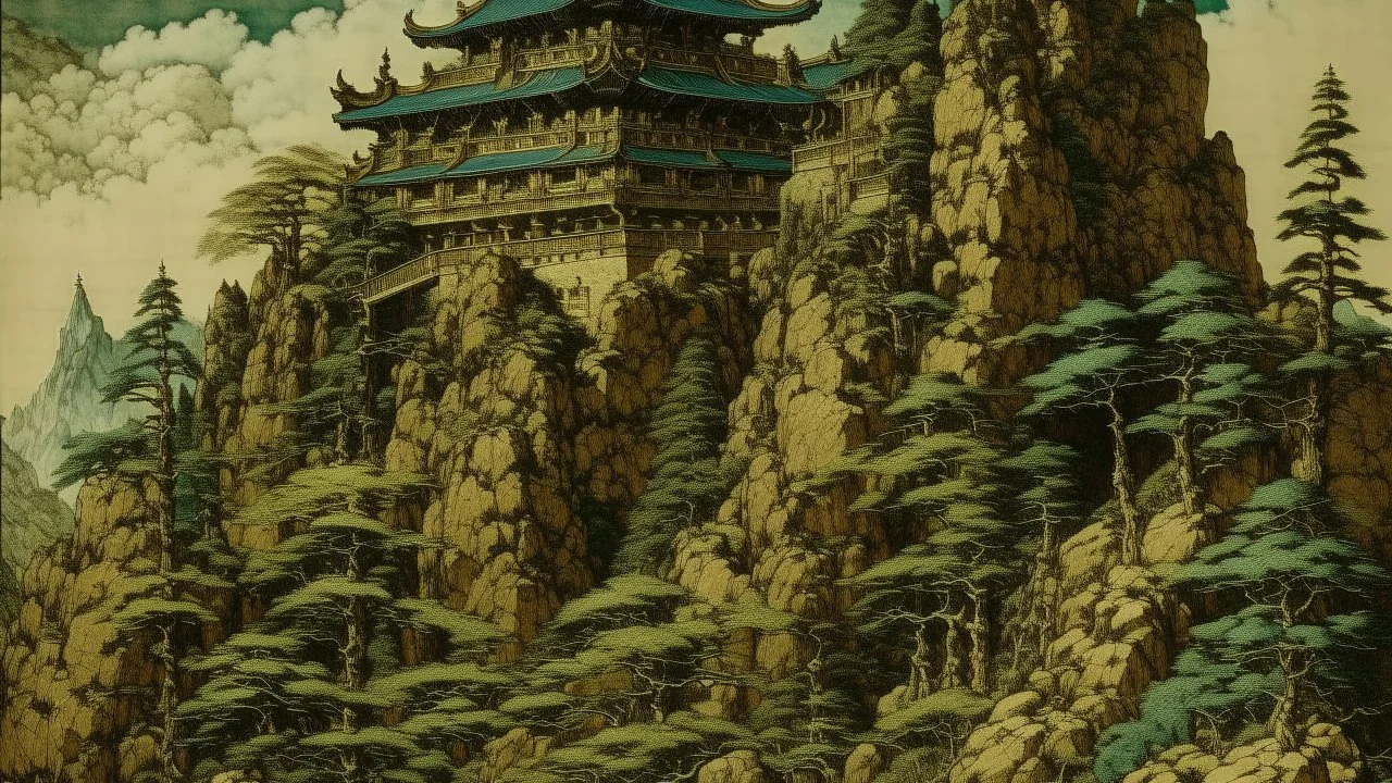 A brownish bronze chateau on a mountain designed in cave paintings painted by Utagawa Hiroshige