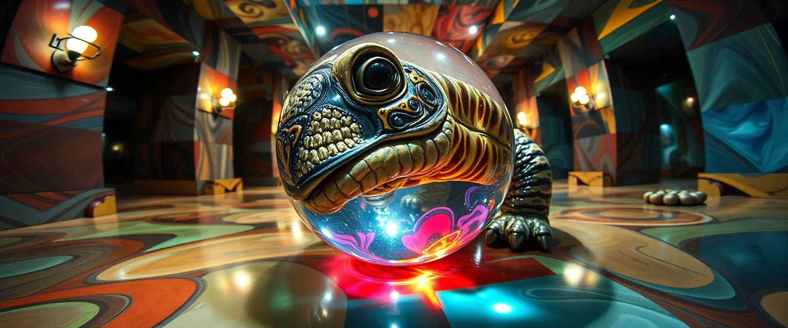 pin hole cam , master oil painting by Rembrandt, volume fog lights in reflective marble madness opera close up on turtle horse character portrait, a living bowling marble halls with slightly tilted floor in a twisted block maze, scenery from the game "marble madness", crystal birds, the floor betrays, the walls collide, big colorfull transparent marble ball