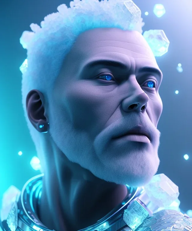 A portrait of a crystalised ice man, atmospheric, realistic, cyberpunk, cinematic lighting, octane render.