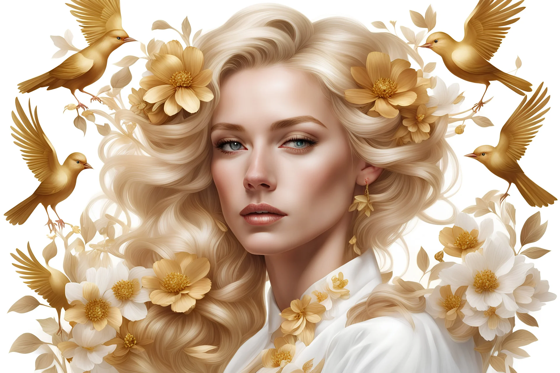 White background, portrait of a blonde woman, gold flowers, golden birds