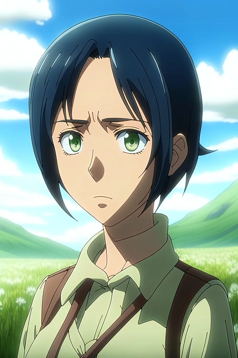 Attack on Titan screencap of a female with short, black hair and big greenish brown eyes. Beautiful background scenery of a flower field behind her. With studio art screencap.