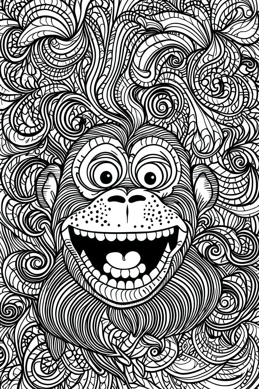 Outline art of laughing monkey with black and white fancy sketch background