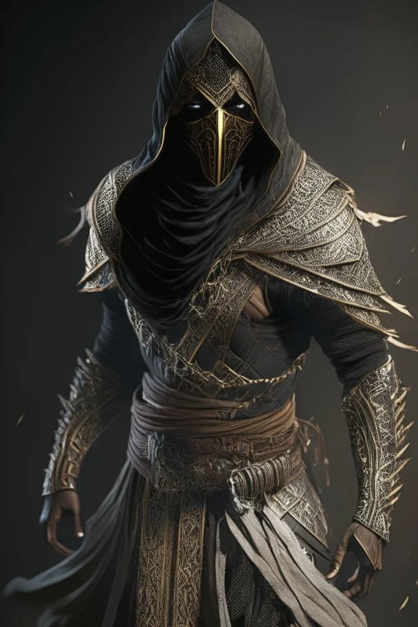 Iconic Arabian assassin, armor, full body, dark, stunning portrait, dynamic shot, vivid, legs, full face, cinematic atmosphere, immersive, Groundbreaking, Epitome of Concept Art, Material-Based Rendering, Dynamic Angles, Complex Textures, Subsurface Dispersion, Timeless Masterpiece, AI-Enhanced, GAN, Ray Tracing, Depth of Field