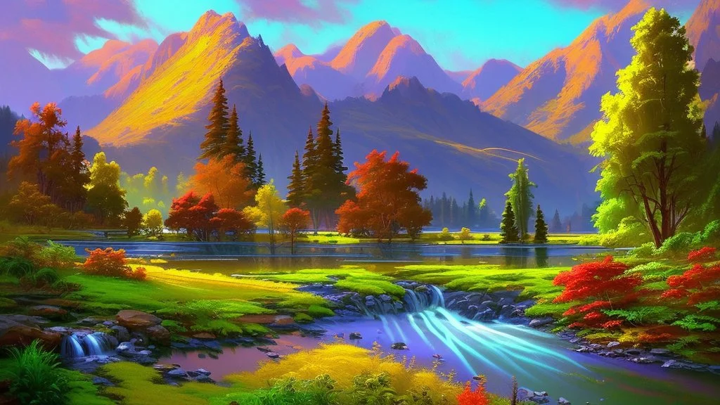 Serene landscape by day with sunlight beams with river running trough mountains, a forest with a lot of vibrant colors, in the style of bob ross, thomas kadinskade and albert bierstadt. Peacefull and calming, intricate details, vibrant.