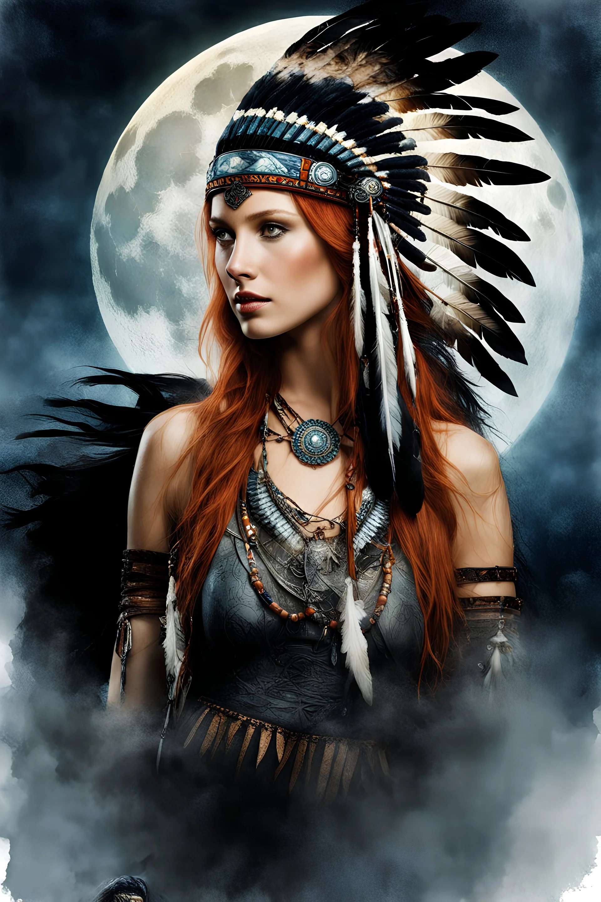 double exposure between a beautiful ginger haired girl with a native American chief headdress and black horse, night background, Luis Royo bookmark of surrealistic dreams, magic, watercolor, double exposure, futuristic, fantasy, great detail, mid-night, moon, fog, gothic gloom, art on a cracked paper, storybook detailed illustration, cinematic, ultra highly detailed, tiny details, beautiful details, mystical, luminism, vibrant colors