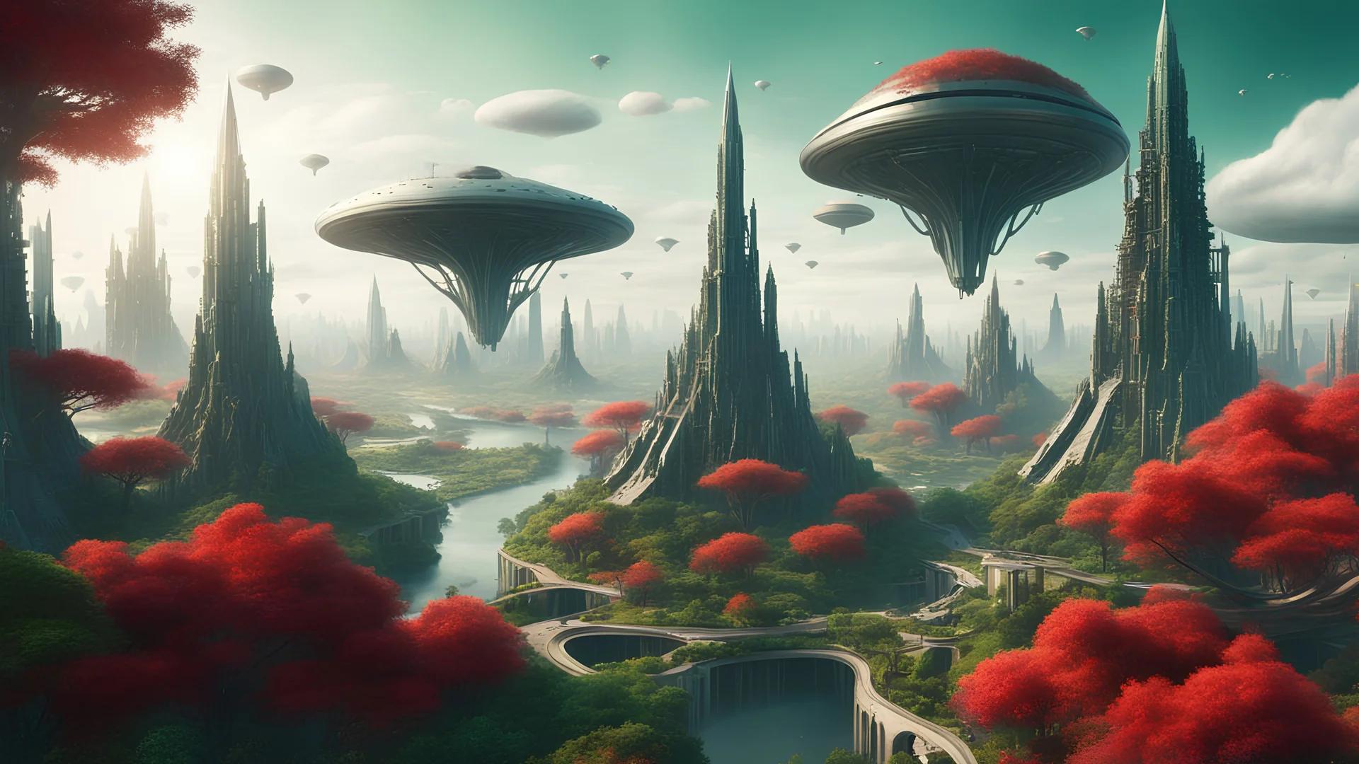 hyperrealistic. alien city with a beautiful green and red forest. flying ships at the top of the buildings