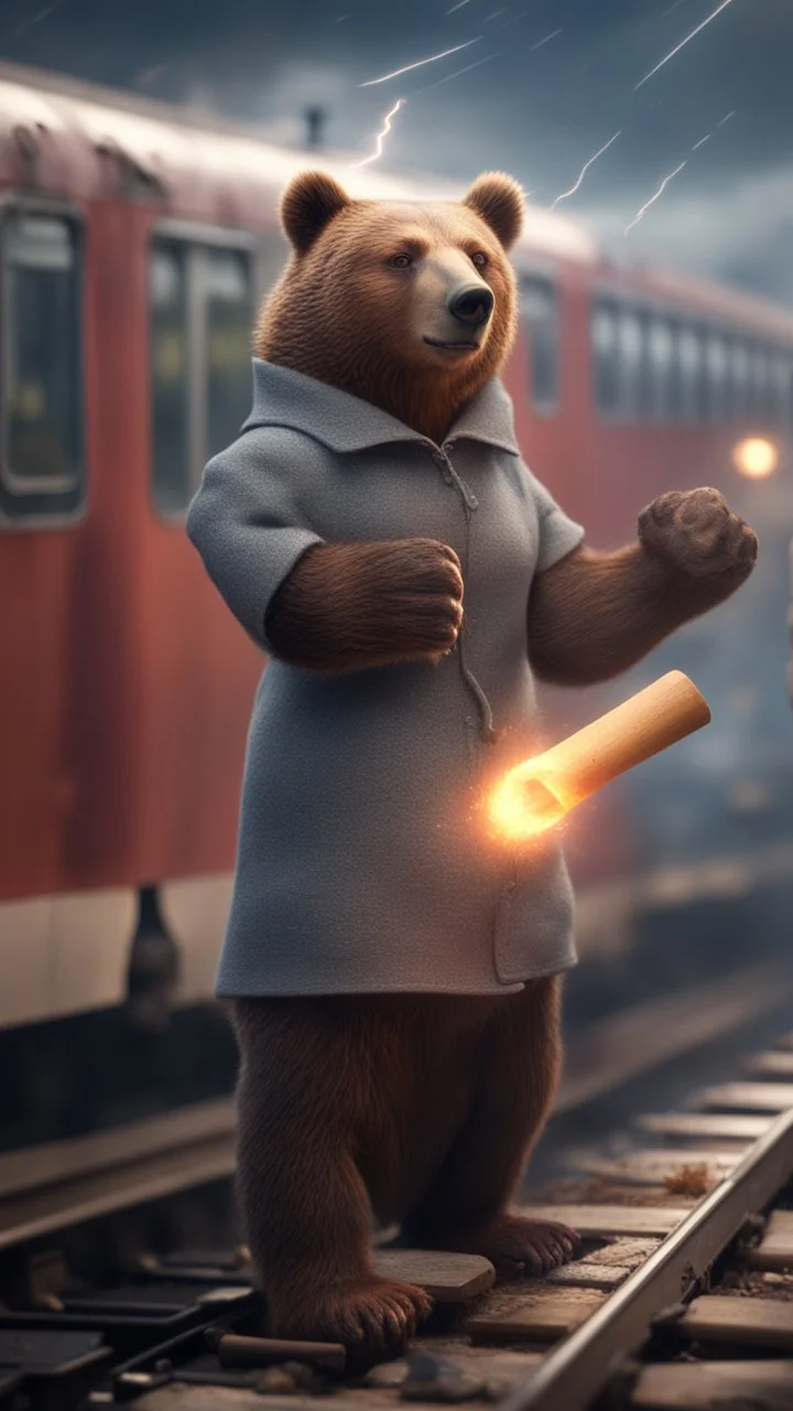 bear with rolling pin and female garments on top of train ,holding dynamite, getting hit by lightening electric arc, with big disturbed eyes,bokeh like f/0.8, tilt-shift lens 8k, high detail, smooth render, down-light, unreal engine, prize winning