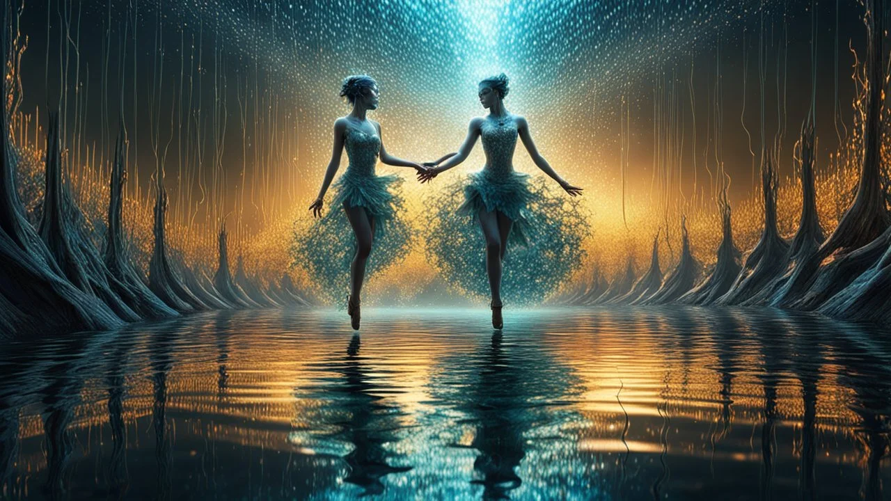 Enigmatic dance of existence where entropy meets stochasticity, indeterminacy, whimsy, duality and generic happenstance in a single visual masterpiece, luminous, glistening, water medium, reflections, shapeliness, 4k, high-resolution, realistic, surrealistic, dramatic volumetric lighting