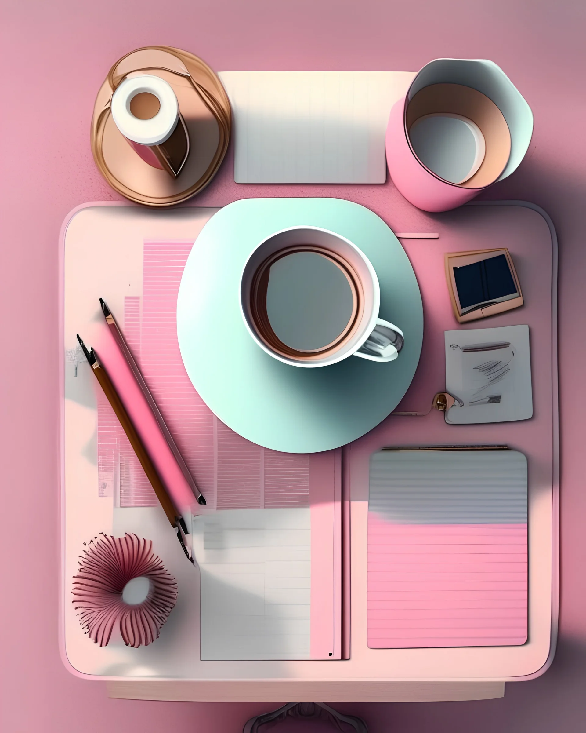 A desk seen from above with a coffee cup, feminine colors, ultra-realistic.