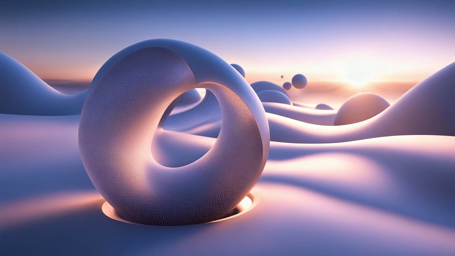 abstract render of subtle geometric 5 organic shapes and spheroids flying, sinusoidal, parabola, hyperbola, ethereal realm, dreamlike, magic, creature, volumetric lighting, RTX, incredible detail, photographic realism, beautiful composition, peaceful, sophisticated, astonishing, attractive