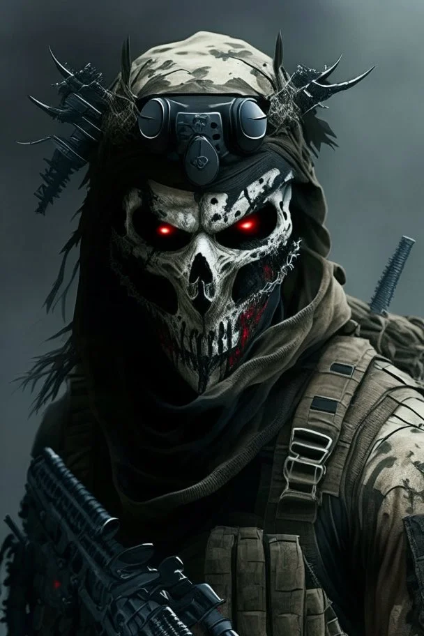 A soldier in the game modern warfare, he wears a skull mask with horns that covers his eyes. The lower half of his face is covered by a mask with a bloody fanged grin. He is a sniper, but can also run point. His call sign is Wraith. Couple