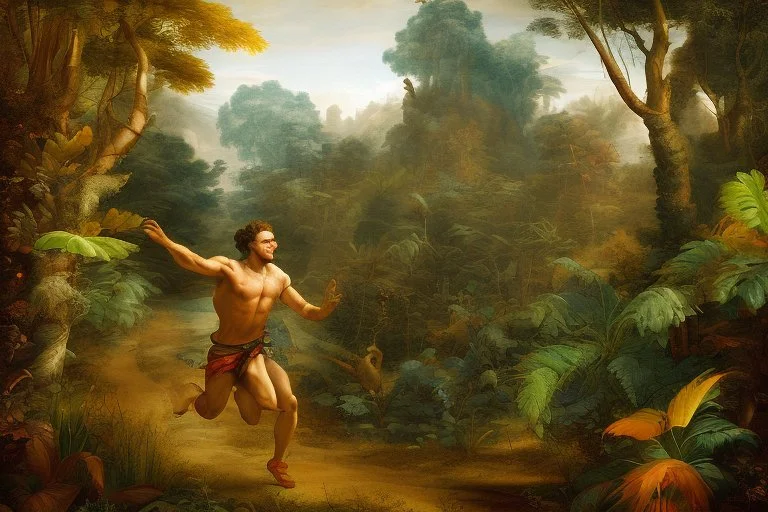 man running in colorful jungle by andrea del sarto