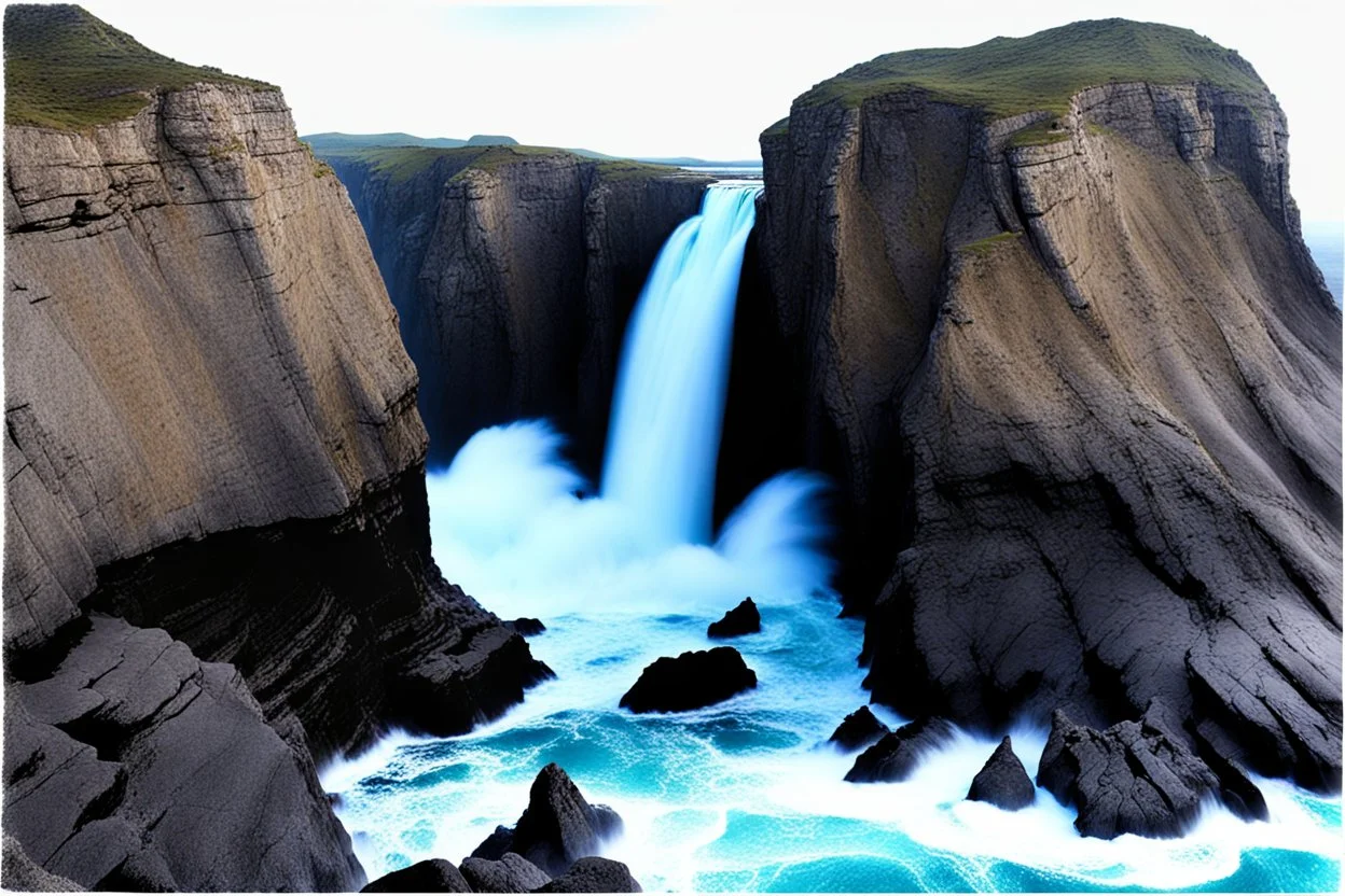 massive intimidating rock cliffs ascend all around and further up out of view. far below, the stormy ocean swirls intimidatingly. The ocean water falls off a waterfall down into a circular pit
