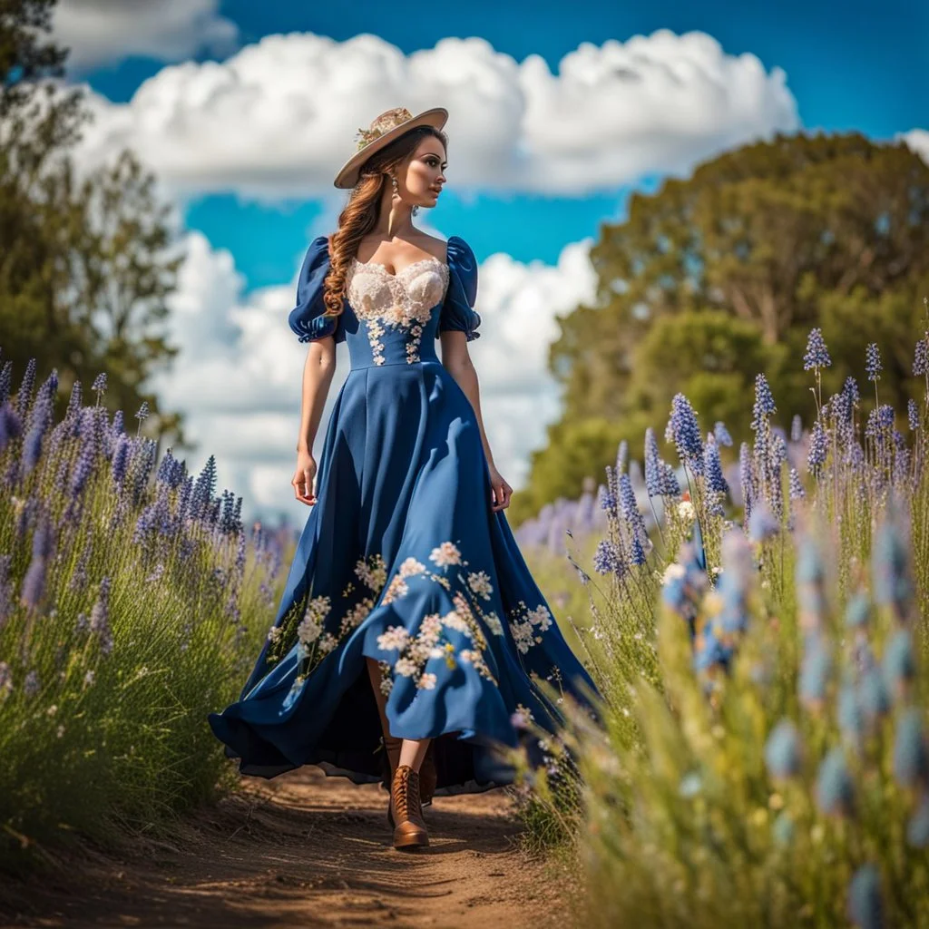 fullbody girl makeup wearing a victorian dress walking in country side ,flowers ,pretty clouds in blue sky