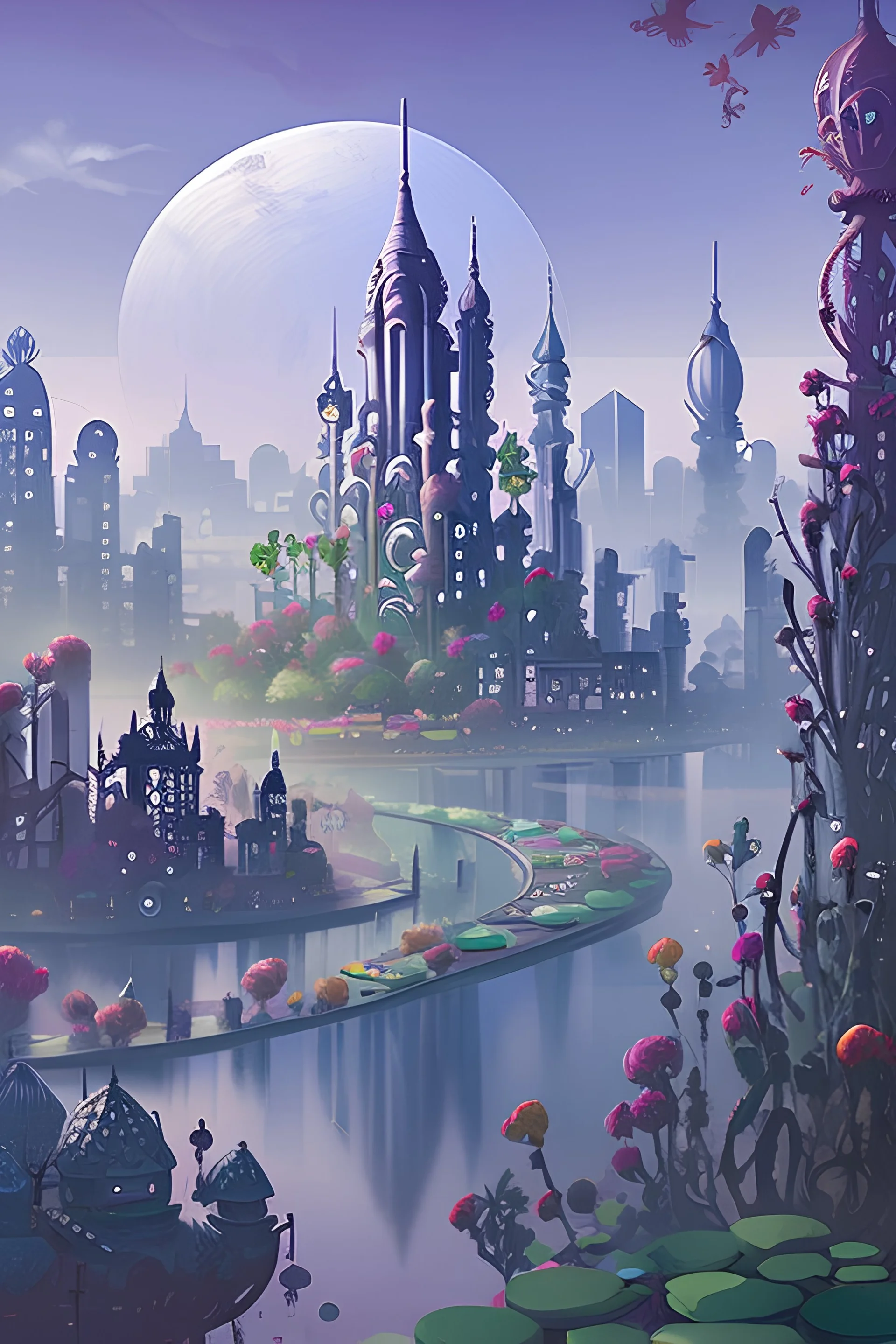 Create a surreal cityscape with floating buildings and mistCreate a magical garden with enchanted flowers and creatures