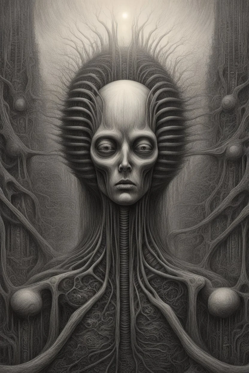 A field of thousands hands , a thin line draw ،front view camera, surreal horror, biomechanical design, by hr giger and beksinski , Busch painting style