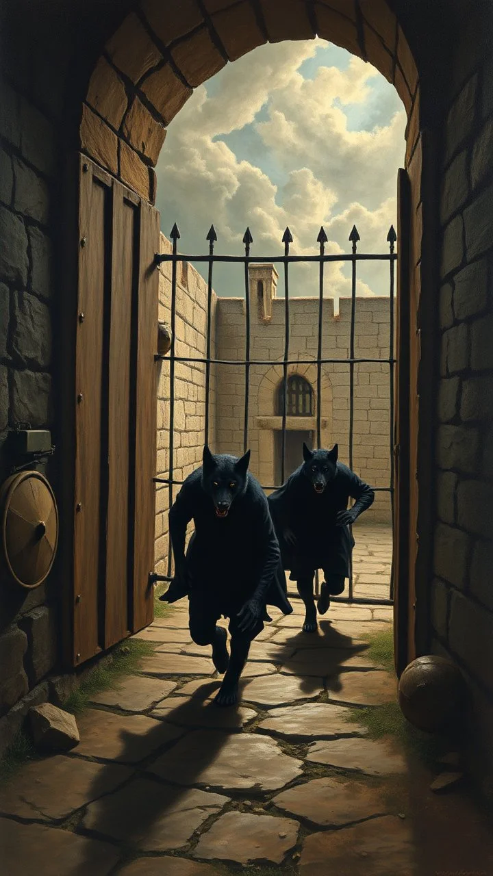 Bosch painting style , an open prison gate and three black wolfs men running away out of the prison
