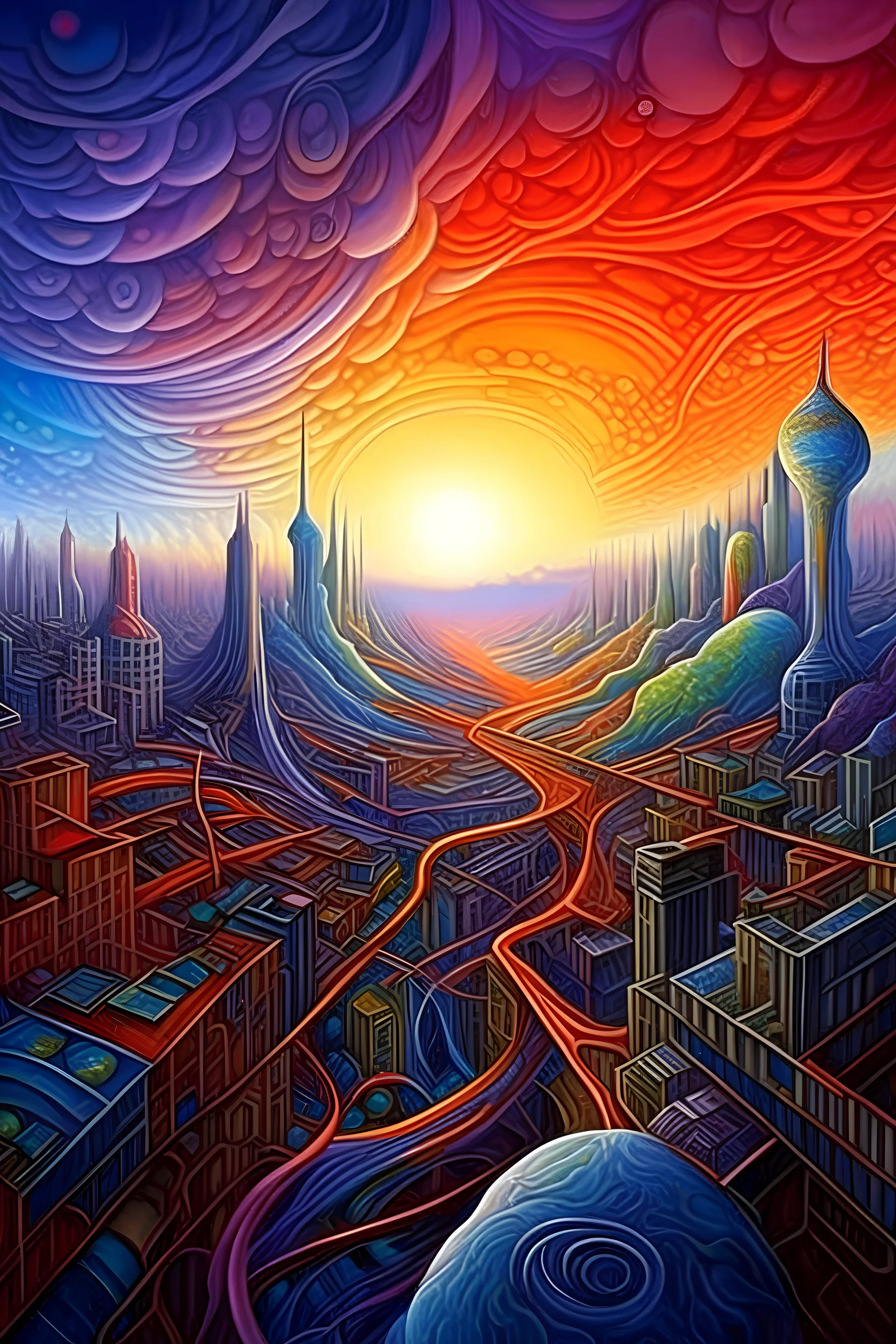 a painting of a futuristic city in the sky, a detailed painting, psychedelic art, organic ceramic fractal forms, spiral clouds, fractal algorightmic art, painting by android jones, deepdream, worms intricated, space fractal gradient, amazing colours, surrealist art, 3 d fractals