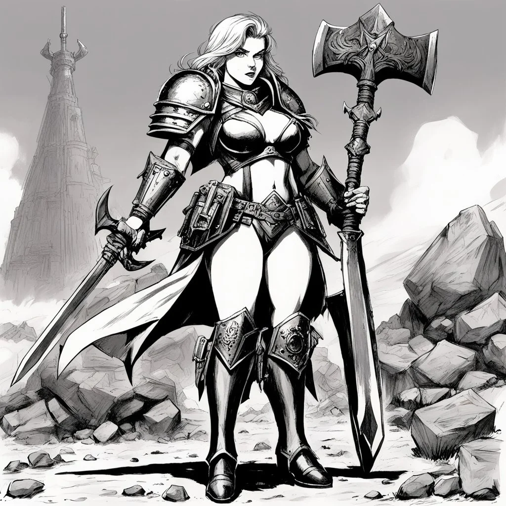 illustration by underground comix artist, Brion Gysin of: some extra heretical 40K, a genderbent version of Big Emmanuelle himself on the battlefield in undies, with her giant war axe. Or is it herself here, I guess? regular, slightly fetishistic 40K style of depicting females with boobplates and all and still have the figure of the Big Emmanuelle exude an air of serious authority.