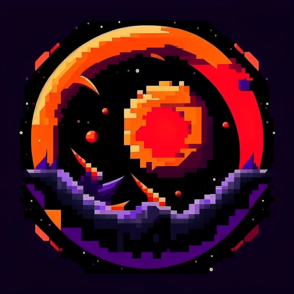 combining darkness and celestial elements. Feature a stylized eclipse at the center, with the moon partially covering the sun, casting claw-like shadows. Use deep purple fading into fiery orange-red. Surround the eclipse with jagged metallic shapes, make it 8bit and retro.