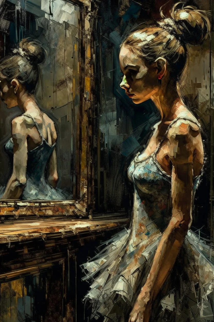 a beautiful ballerina, in a studio, Infront of a mirror, side profile with eyes looking slightly Down, her reflection in the mirror is not looking down like they should, but looking straight at her, scary, dark undertone, 12k, detailed painting, thick impasto and textures with rough brush strokes, chaos background with cracked paint, peeling off