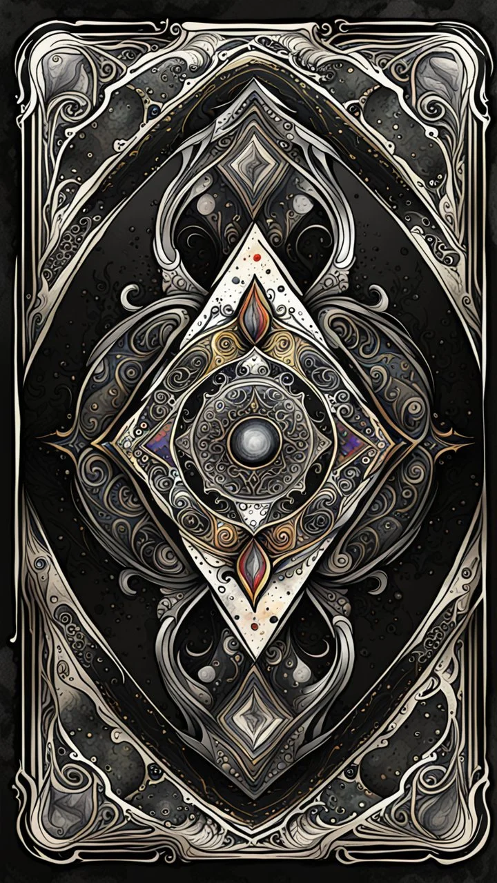 create a full color, ink wash and watercolor, ornate, abstract expressionist style bordered symmetric playing card template on a black background