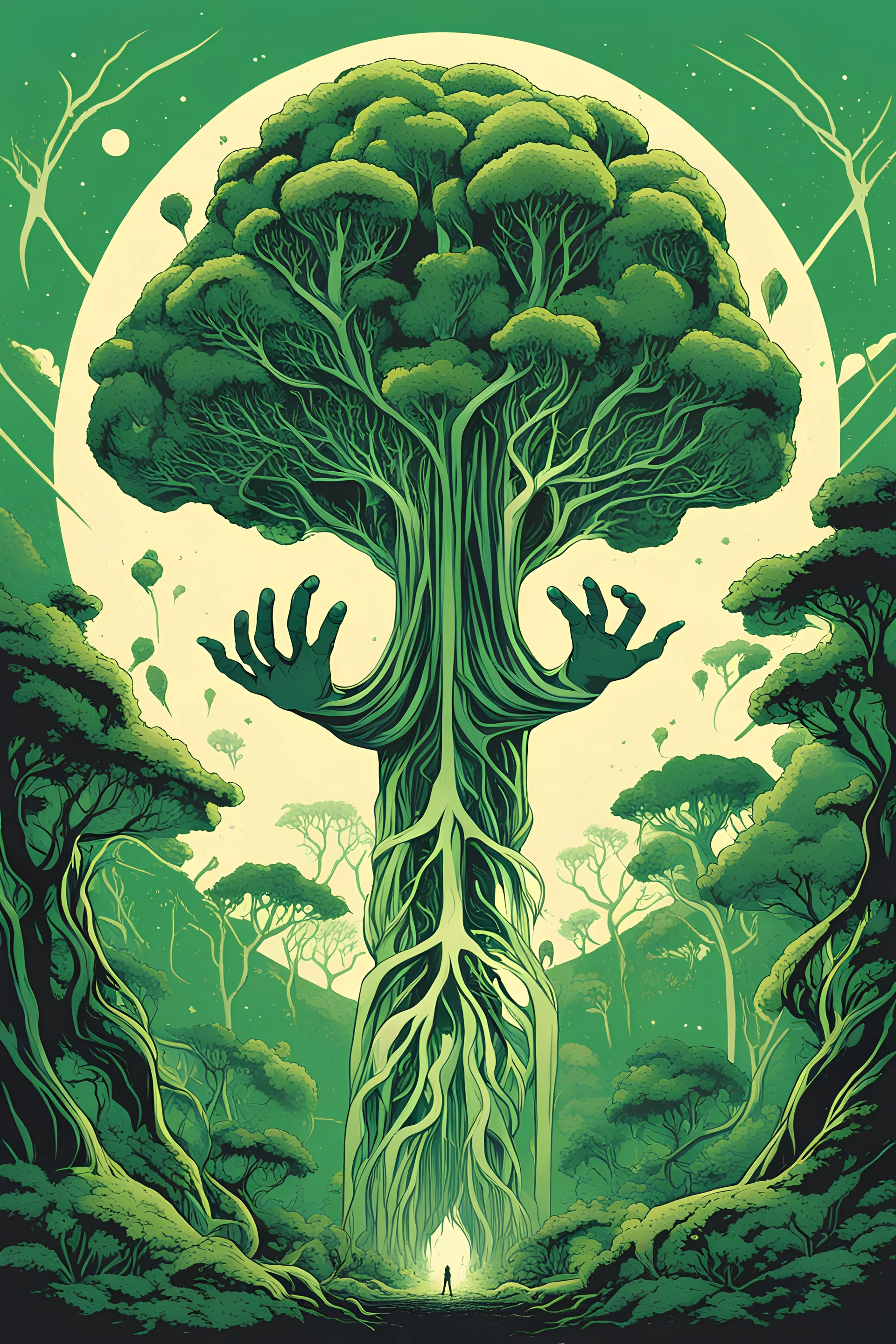 Huge hands holding saplings, The giant is planting a big green tree, first contact concept art, silkscreened mind-bending illustration; sci-fi poster art, asymmetric, futurism