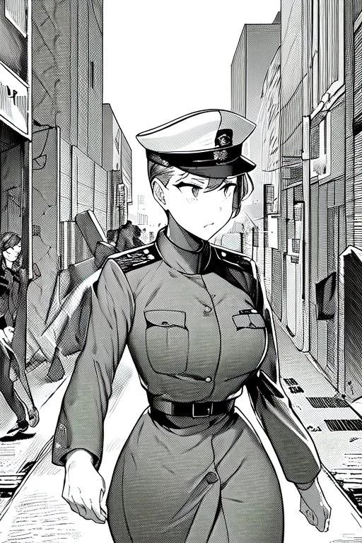 military girl runs down the street, greyscale