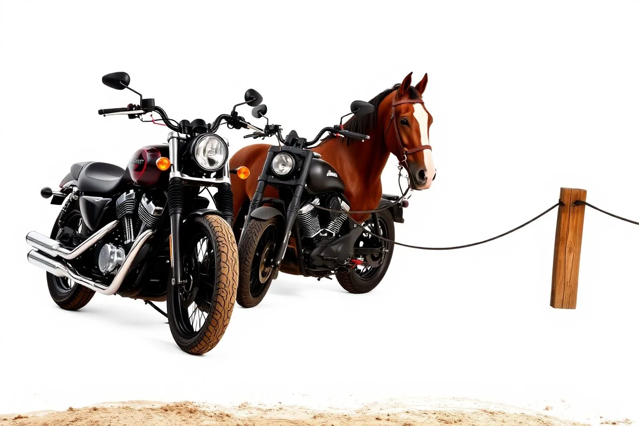a motorcycle(harley davidson pan america 1250) next to a different motorcycle(Indian Springfield Dark Horse) next to a horse tied to a wood railing. white background. dirt ground. silkscreen image