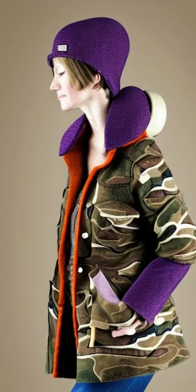 Image shows wholly a Brunette. average body type. Mantle is sewed of recycled Denim and sewed together of camouflage pieces. Camouflage colors are orange,terracotta, cream and purple. Cream latex gaiter. Big bright purple/khaki felt tippet and cream or blue or lilac colored-hood. mantle is merged with satchel. . AKG-style headphones (gold rings!) is merged with small felt cap with small visor. Style: Haute Couture in 1936, Paris fashion in 2023. More yellow(Munsell)!!!