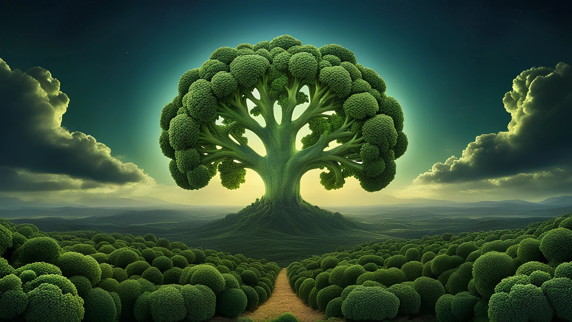 A broccoli moon that looks like a happy origin head fractal broccoli above a landscape, chiaro scuro, intricate background HDR, 8k, epic colors, Baroque fantasy surrealism, in the style of Johannes Vermeer, masterpiece