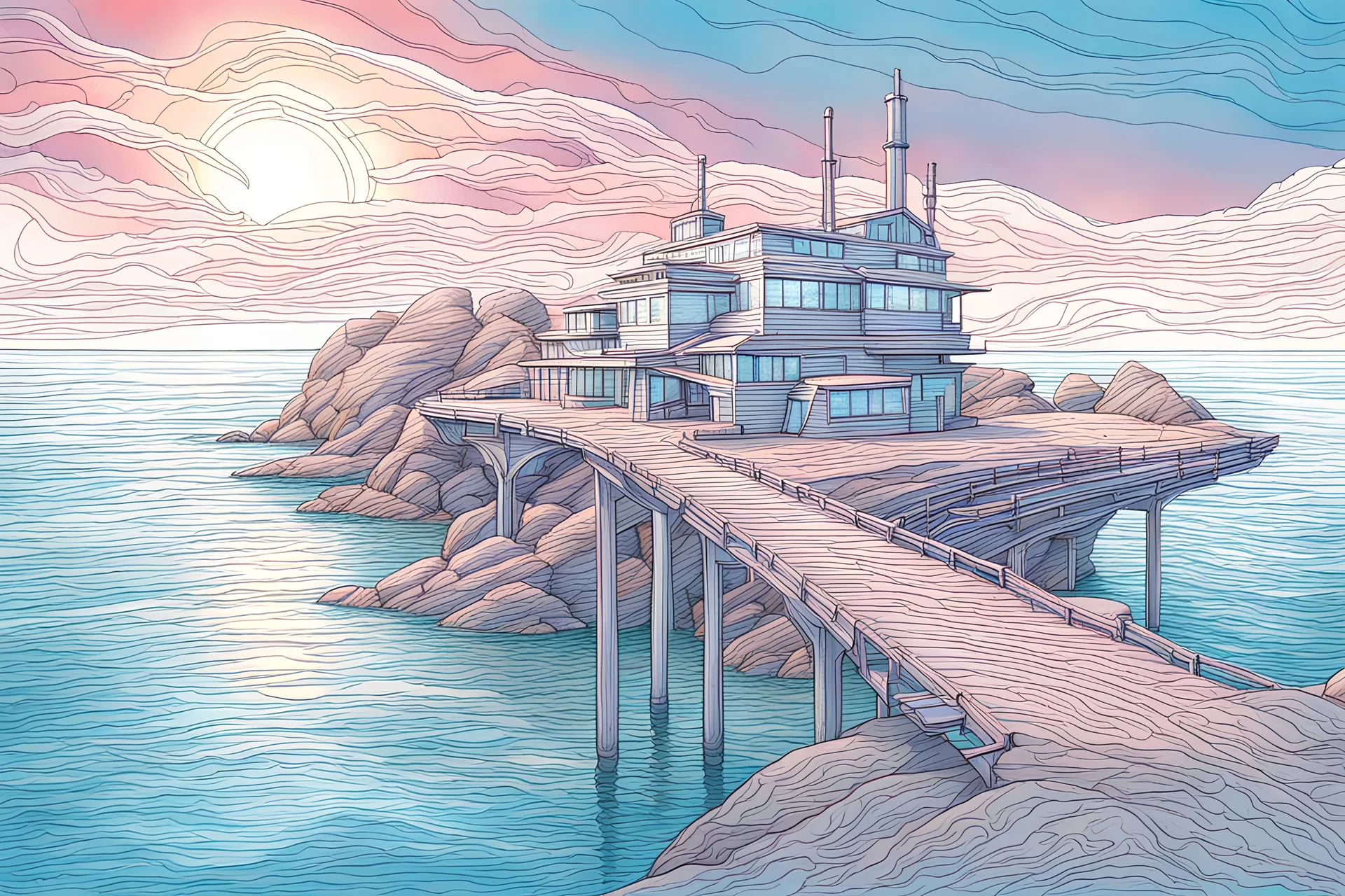 Create a vector pencil sketch of the futuristic and dystopian coastal seascape using colored pencils, inspired by impressionism.