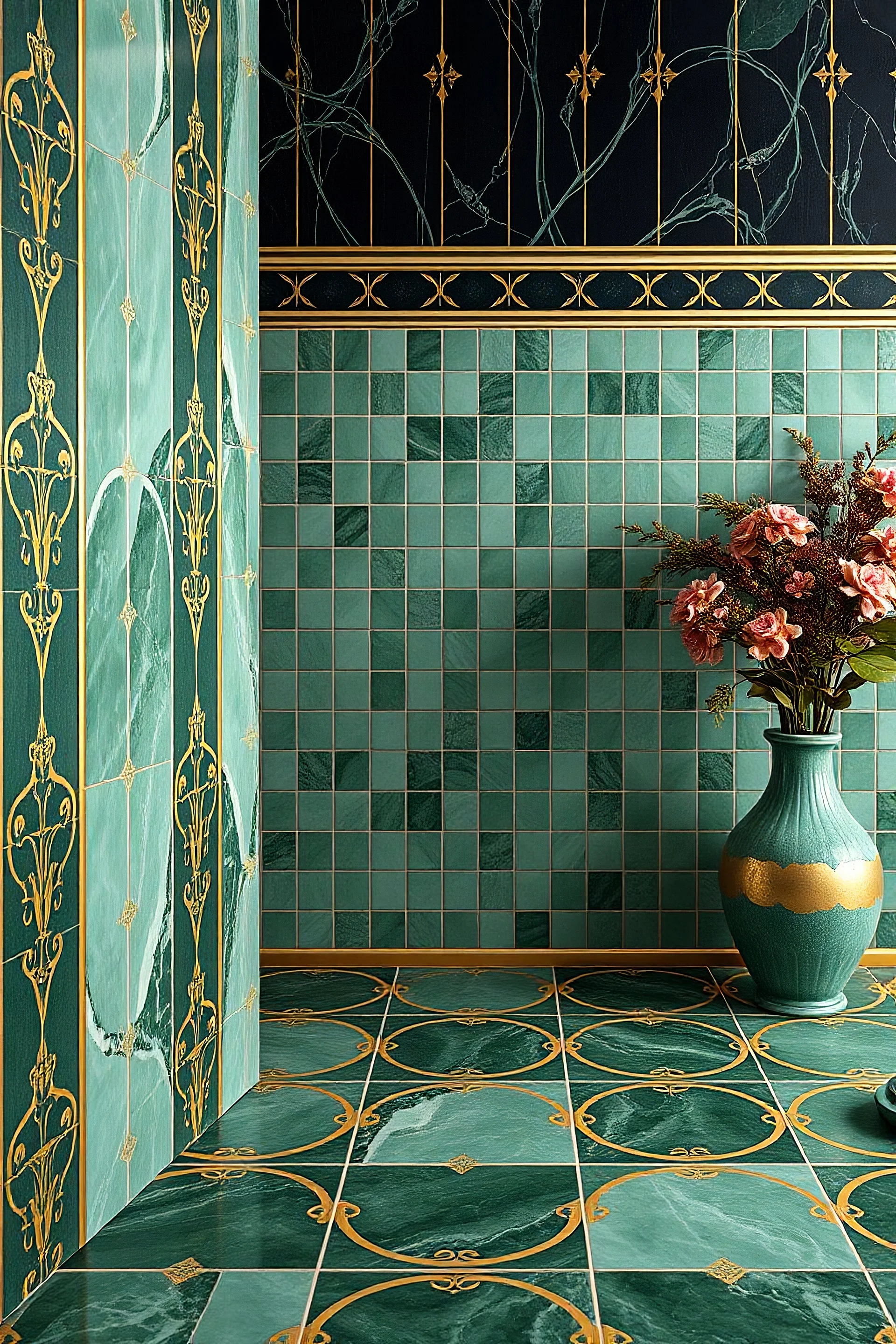 Luxy¿ury tile with green jade and gold with a black tone wallpaper