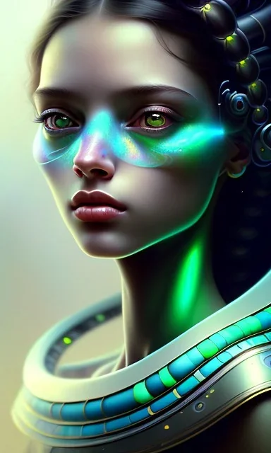 young girl, cute, beautiful, long curly hair, black hair, green alien skin, big flat nose, black eyes, big eyes, turquoise dress, head and shoulders portrait, 8k resolution concept art portrait by Greg Rutkowski, Artgerm, WLOP, Alphonse Mucha dynamic lighting hyperdetailed intricately detailed, avatar pandora