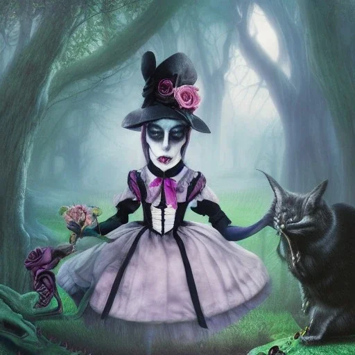 portrait of a goth alice in wonderland with chesire cat, 8k resolution, high-quality, fine-detail, color, intricate, realistic, sharp, crisp, digital art, detailed matte, volumetric lighting, illustration, octane render, brian froud, howard lyon, Anne Dittman, Anne Stokes, Lisa Parker, Selina French