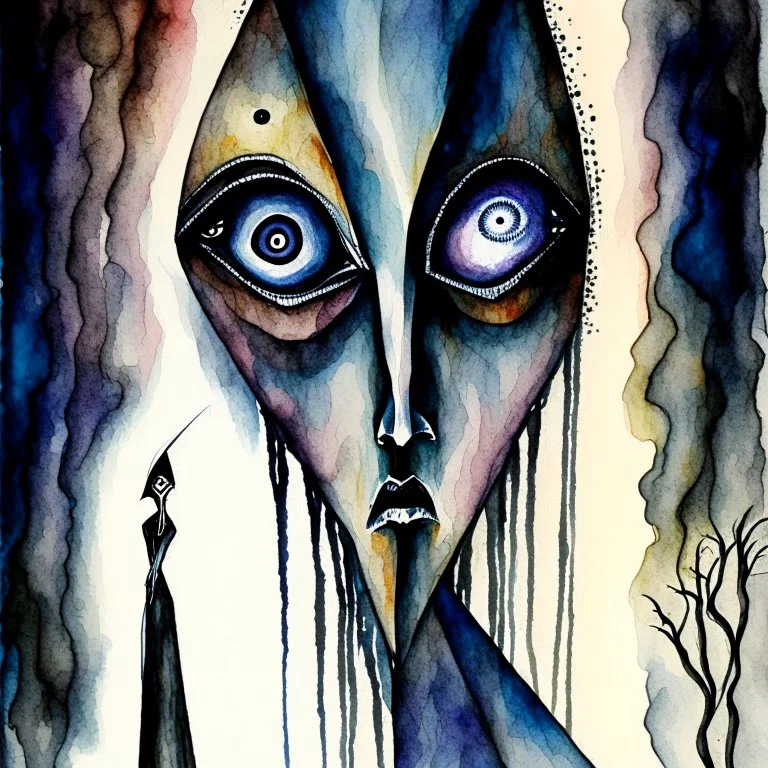 by Dan Mahurin, surreal abstract art, paranoid deep-seated fear of being watched, sinister midnight eulogies of anthropomorphical weirds, weirdcore, unsettling, asymmetric diagonal composition, sinister abstractions, surreal masterpiece, creepy, never before seen art of beyond, watercolor and ink