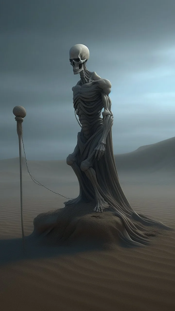 A big statue of a creature in the sand holding the scale of justice , a lot of spidrs,surrealism of the dark of a nightmare ten miles high and six foot deep, hyper photorealistic, hyper detailed dark art color, high resolution, fog, octane render, tilt shift, HDRI Environment, all pictures dark gray